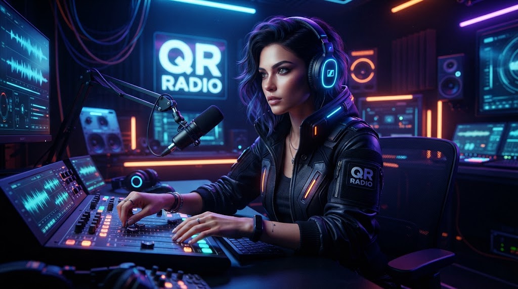 Portrait of a person in a neon-lit studio wearing headphones.
