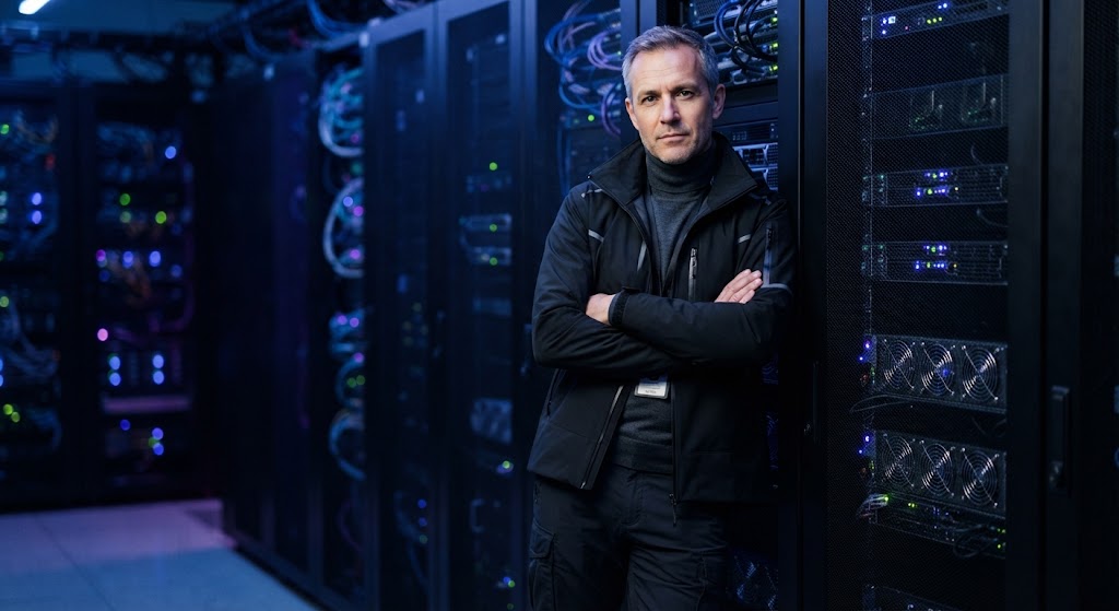 Portrait of a person in a server room lit blue and purple.