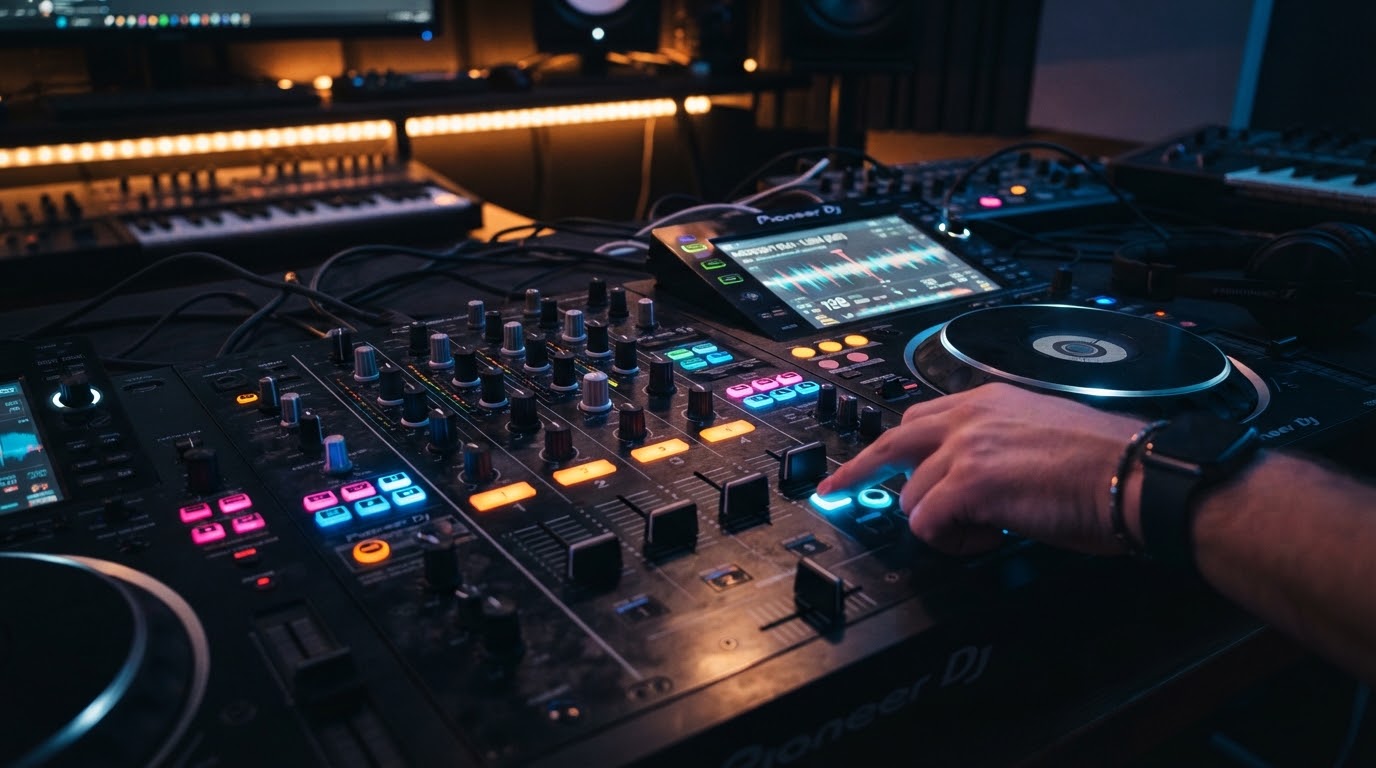 Hands on a lit DJ mixer and controller in a darkened studio.